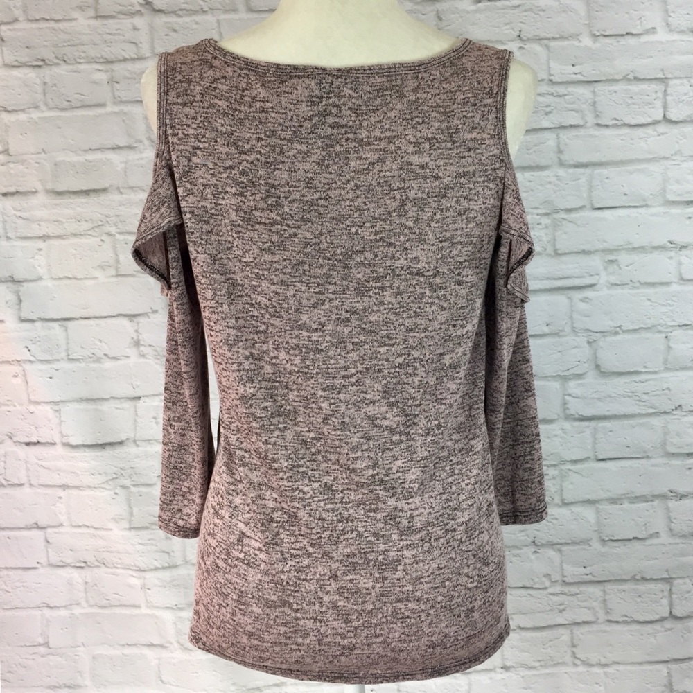 Women's pink heather cold shoulder ruffle knit top - Picture 4 of 6